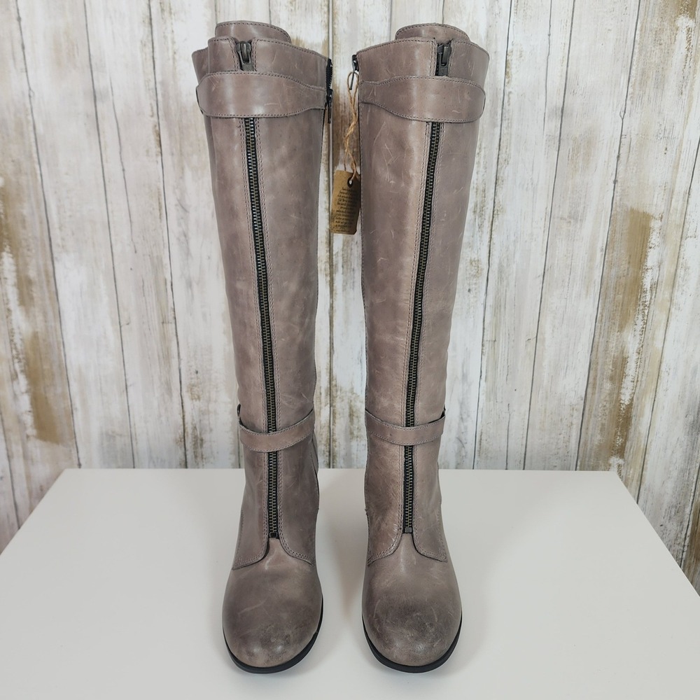 Born BOC Gemini Tall Distressed Leather Boots Sz 8.5 Gray Zip Buckle High Heel - Picture 2 of 16